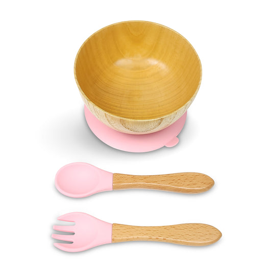 Natural Bamboo Suction Bowl with Spoon and Fork Set